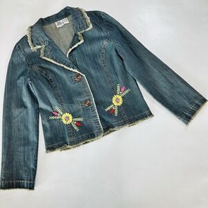 Ivy Jane Women's Medium Embroidered Denim Jacket Floral Fringe Hem Button Front